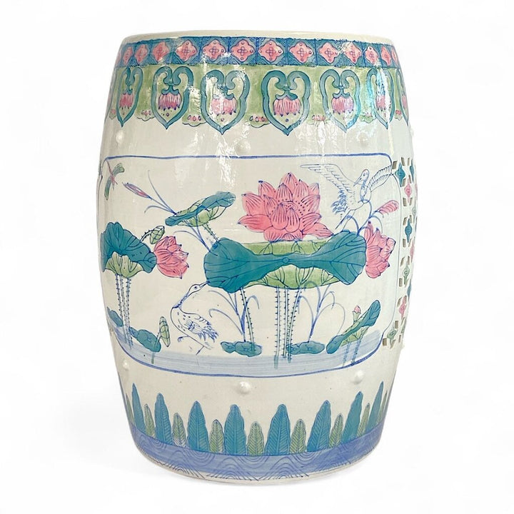 Ceramic Stool with Painted Lily Pads Pattern