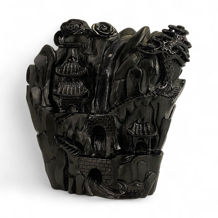 Stone Carving of Wall with Pagodas & Trees