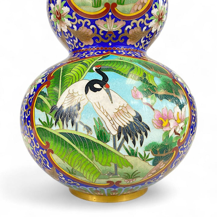 Large Enamel Double Gourd Cloisonne Vase with Crane Illustration