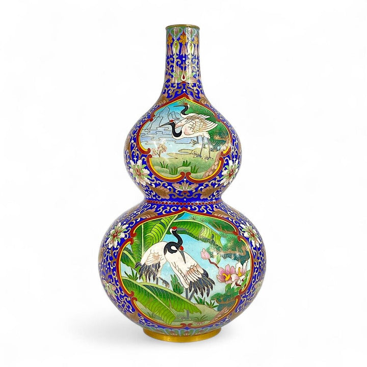 Large Enamel Double Gourd Cloisonne Vase with Crane Illustration