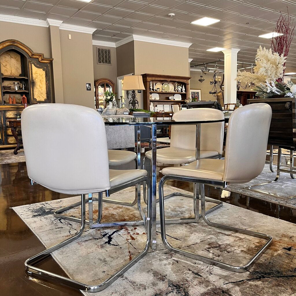 MCM Glass & Chrome Dining Table w/ 4 Chairs