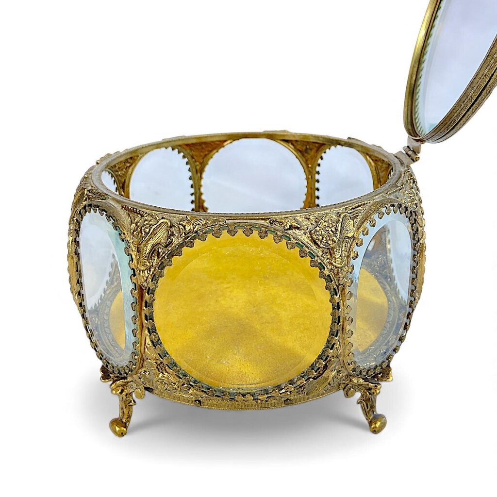 Vintage Filigree Brass w/ Beveled Glass Jewelry Box - Acosta's Home
