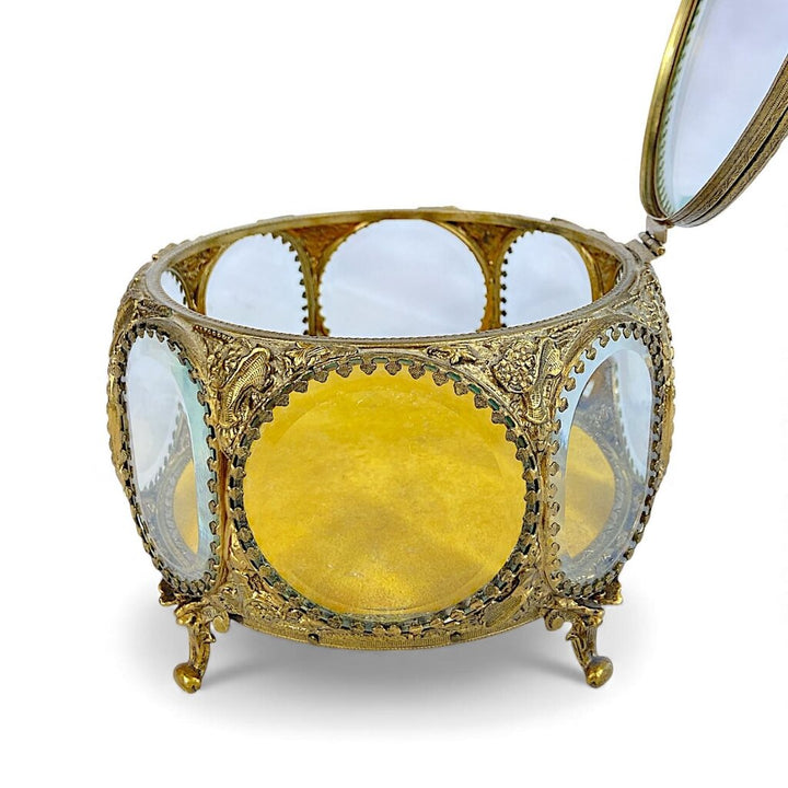 Vintage Filigree Brass w/ Beveled Glass Jewelry Box - Acosta's Home