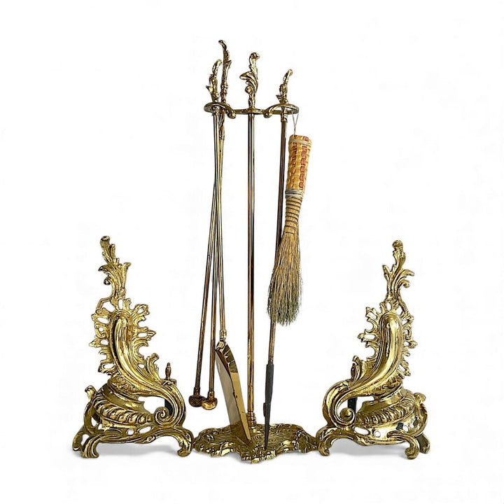 Polished Brass Fireplace Tool Set - Seven Pieces