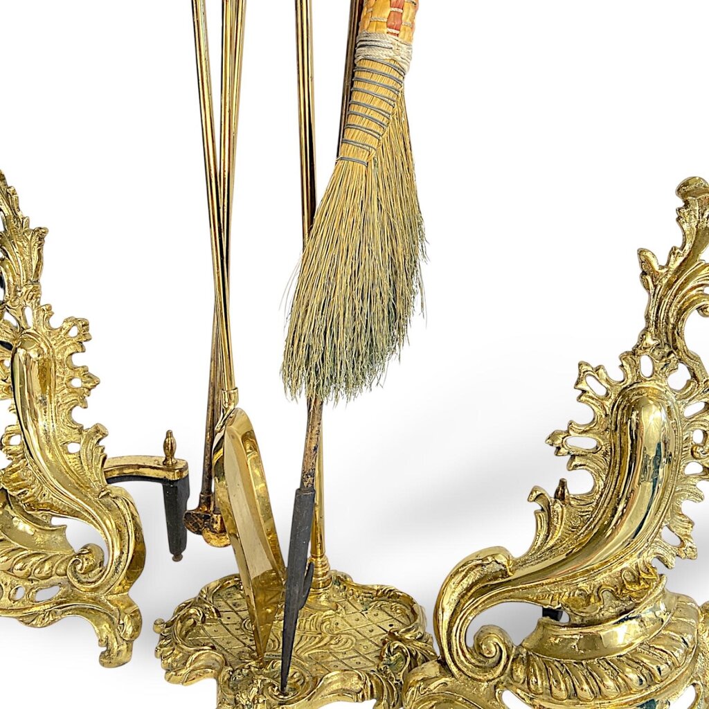 Polished Brass Fireplace Tool Set - Seven Pieces