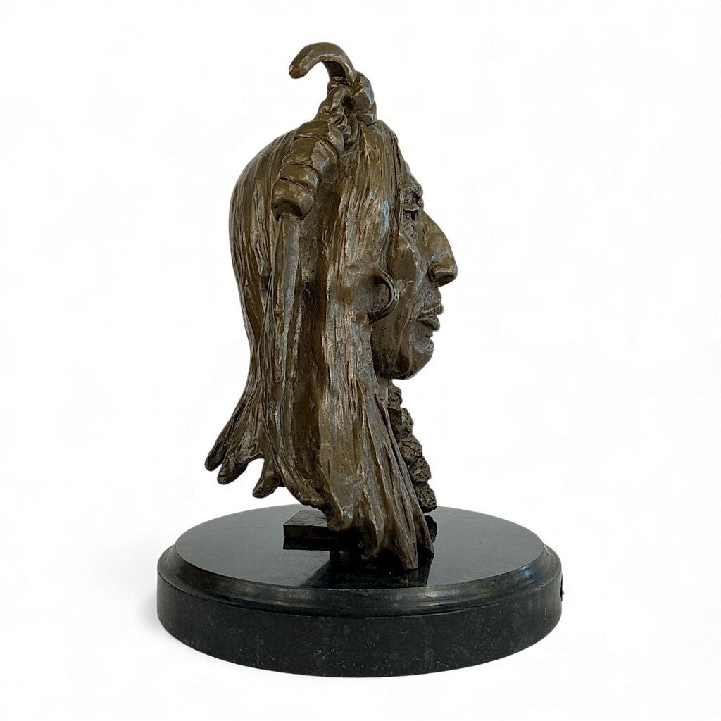 Bronze Native American War Chief Bust on Marble Stand
