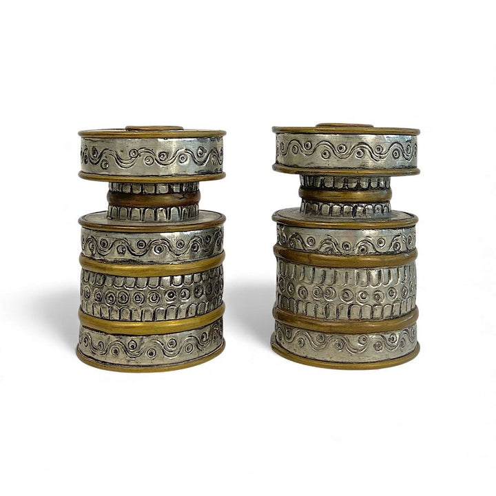 Brutalist Pressed Tin & Brass Candlestick Holders