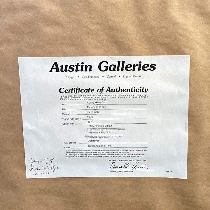 "Melody in White" Serigraph in Frame