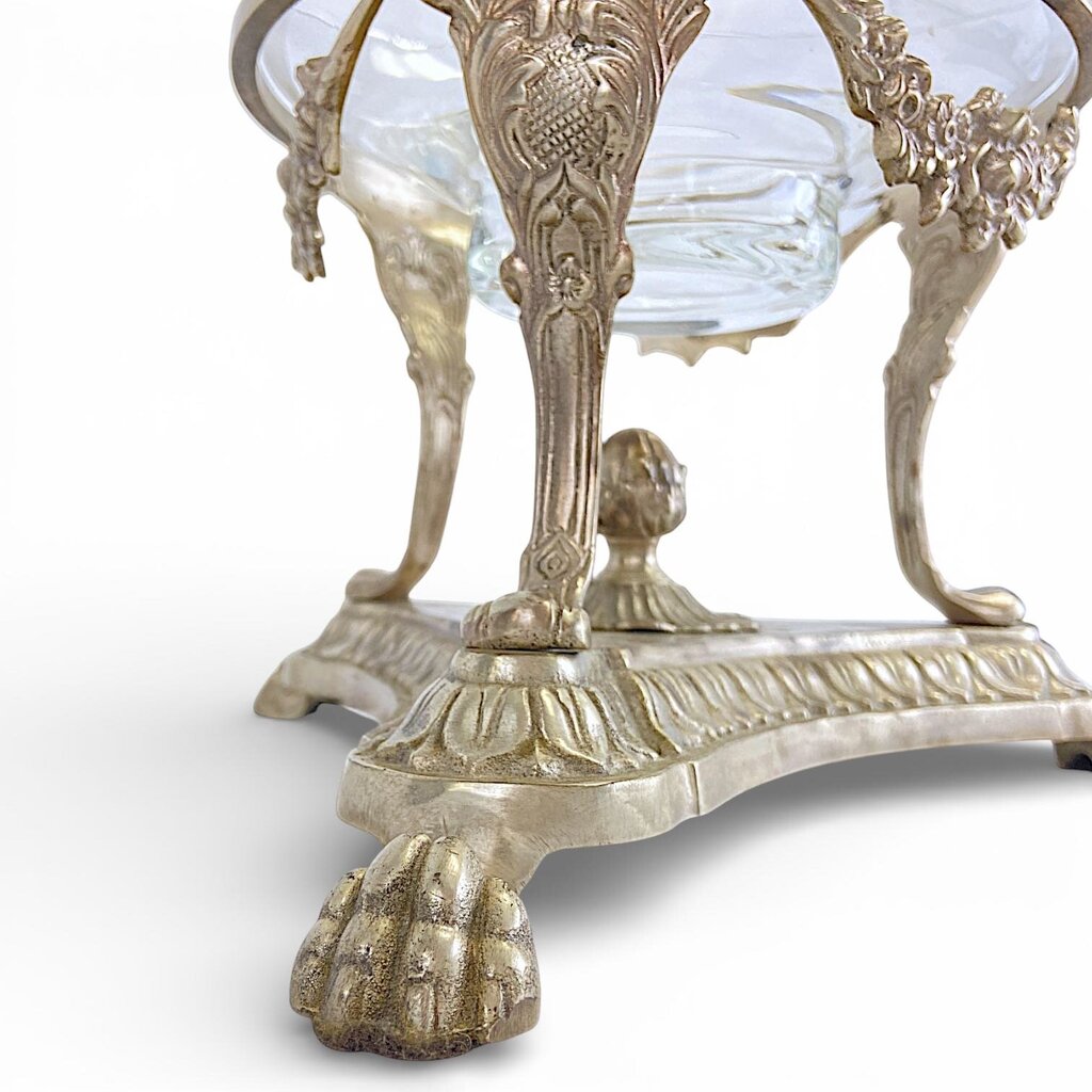 Ornate Metal Stand w/ Lion Feet & Glass Bowl