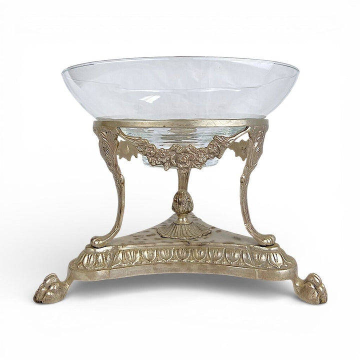 Ornate Metal Stand w/ Lion Feet & Glass Bowl