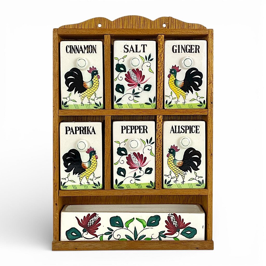 Wooden Spice Rack w/ 6 Glazed Ceramic Spice Jar Shakers & Container - Acosta's Home