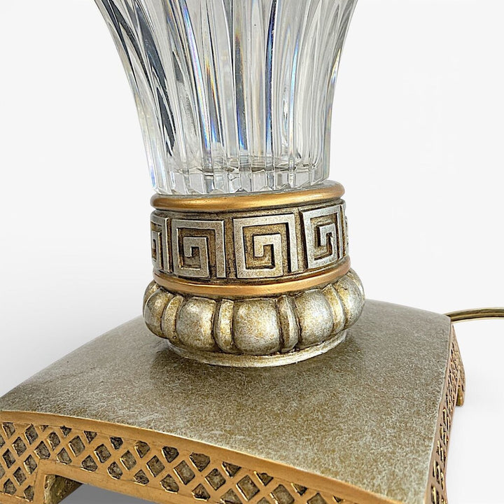 Cut Crystal Table Lamp w/ Metal Greek Key Footed Base - Acosta's Home