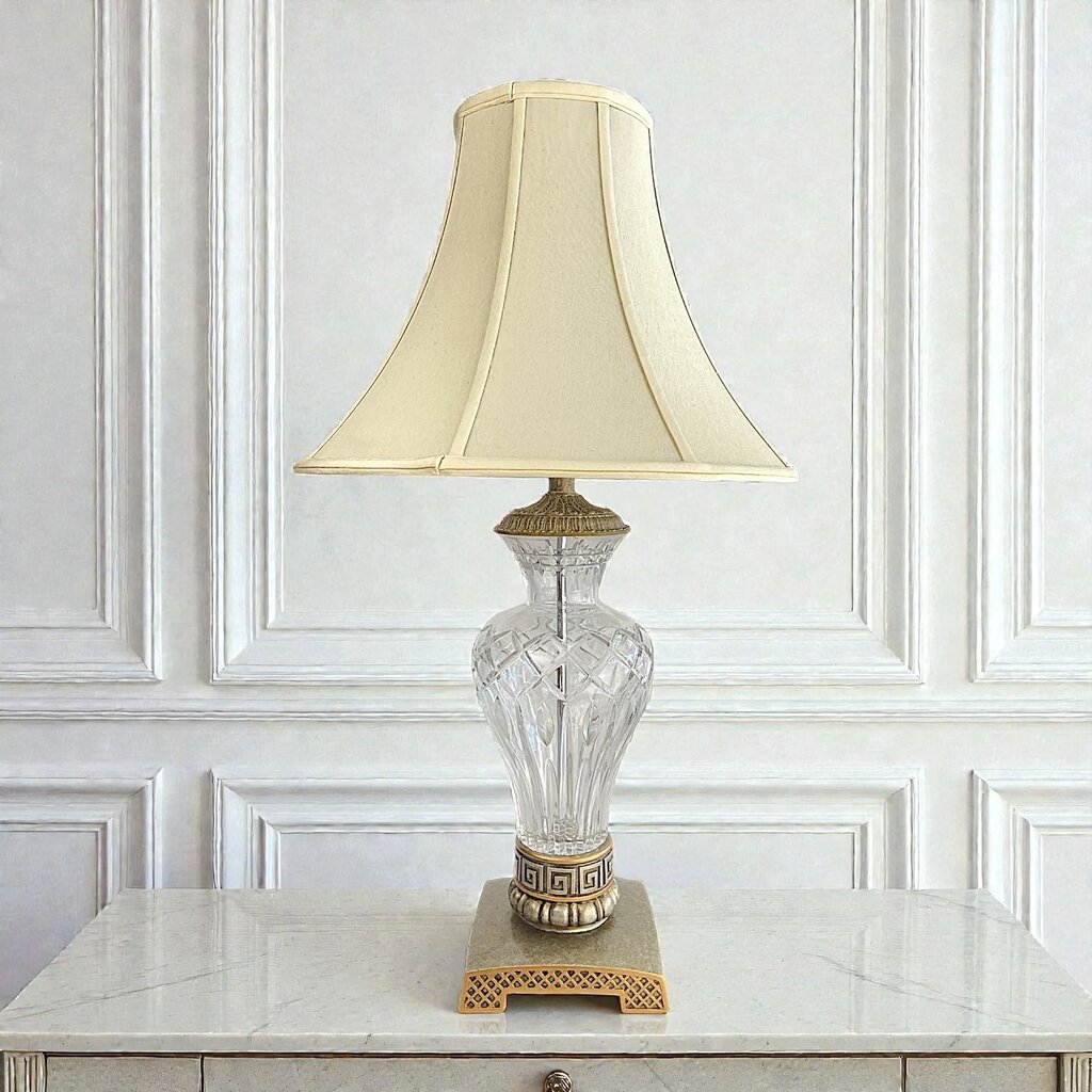 Cut Crystal Table Lamp w/ Metal Greek Key Footed Base - Acosta's Home