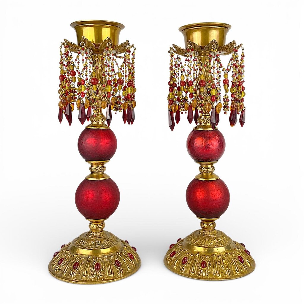 Pair of Brass Red Prism Candleholders - Acosta's Home