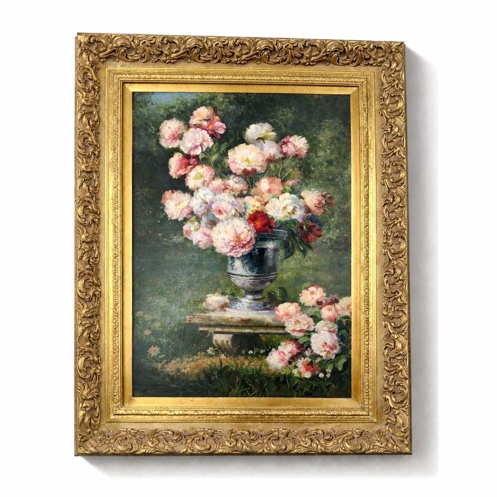 Orig. Price $2500. - "Peonies in An Urn in A Garden" Oil Painting - Acosta's Home