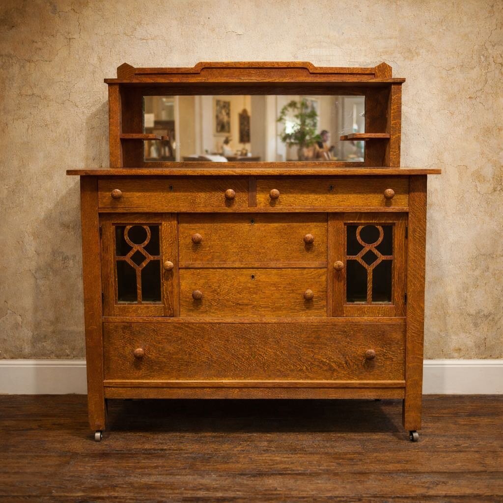 Antique Mission Style Sideboard with Mirrored Hutch - Acosta's Home