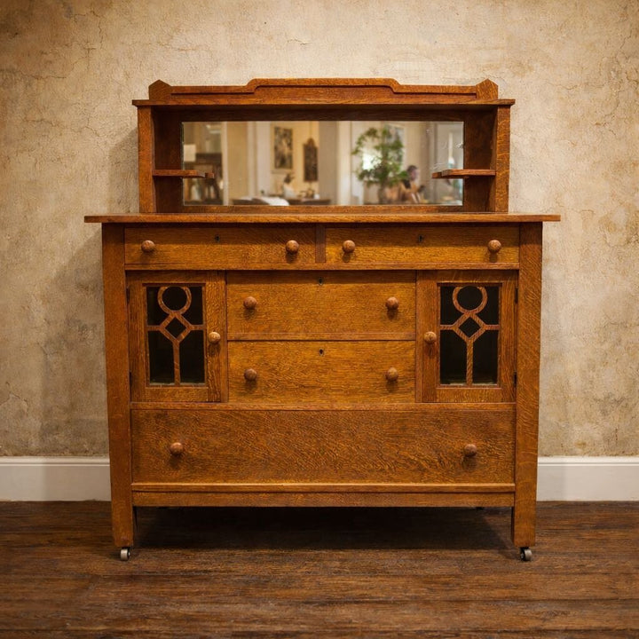 Antique Mission Style Sideboard with Mirrored Hutch - Acosta's Home