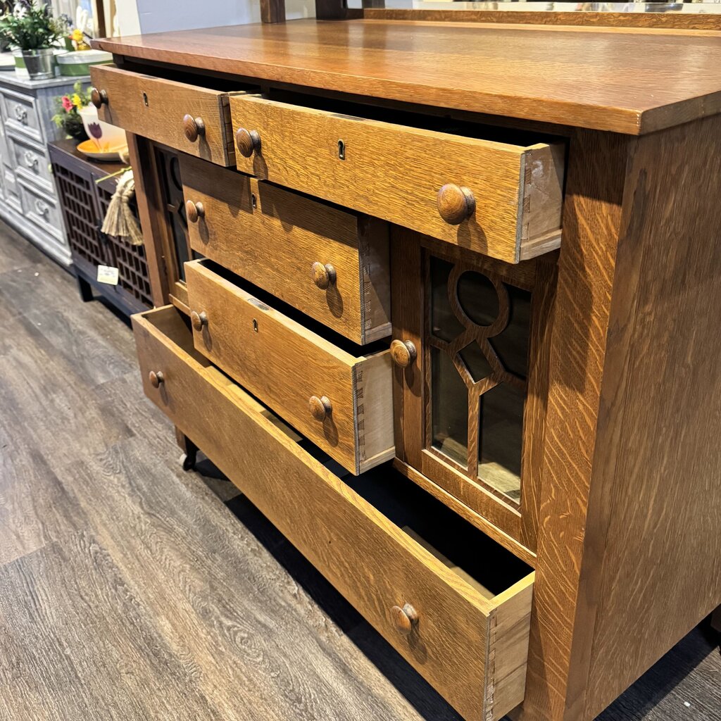 Antique Mission Style Sideboard with Mirrored Hutch - Acosta's Home