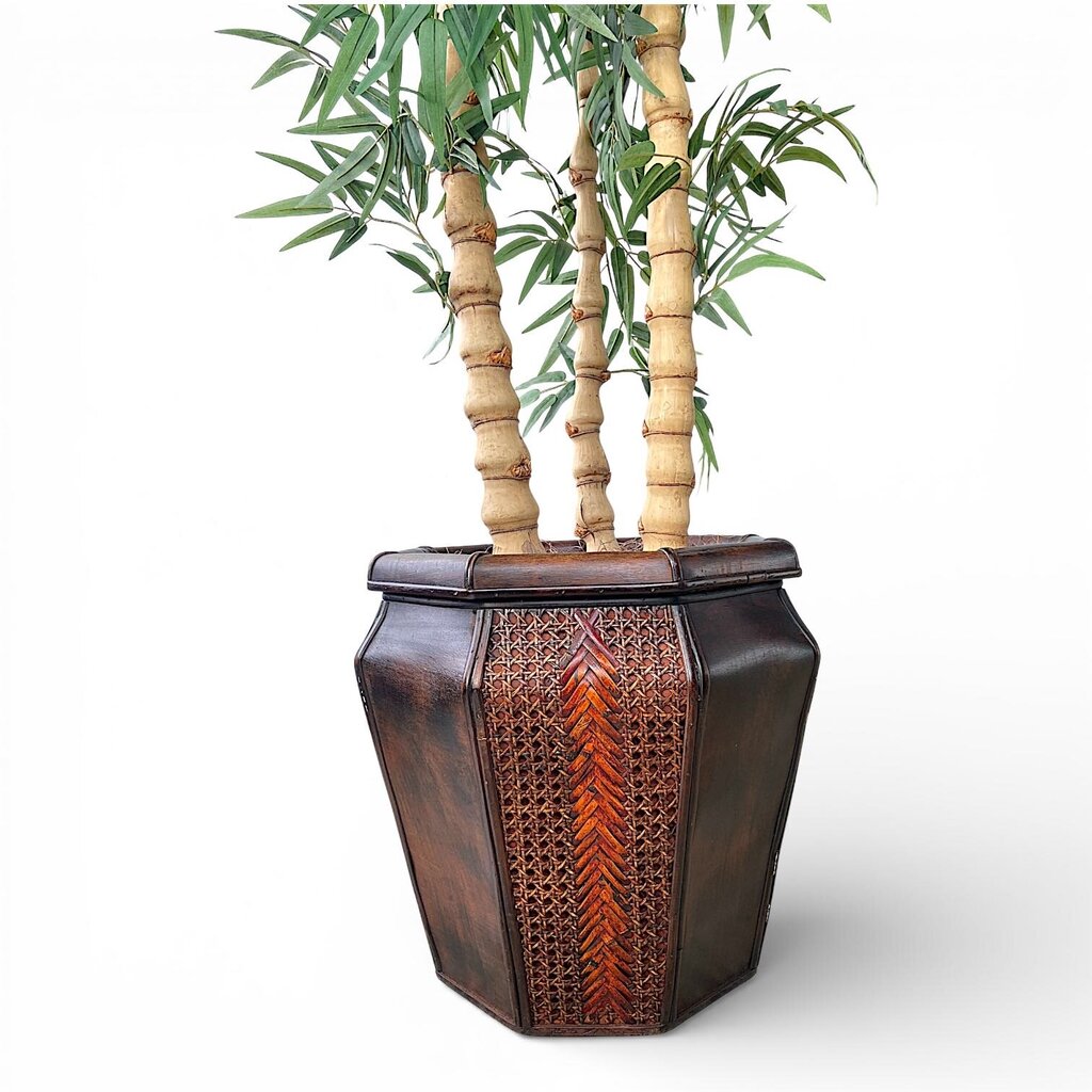 Faux Bamboo Tree in Ornate Carved Wood & Rattan Planter - Acosta's Home
