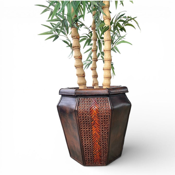 Faux Bamboo Tree in Ornate Carved Wood & Rattan Planter - Acosta's Home