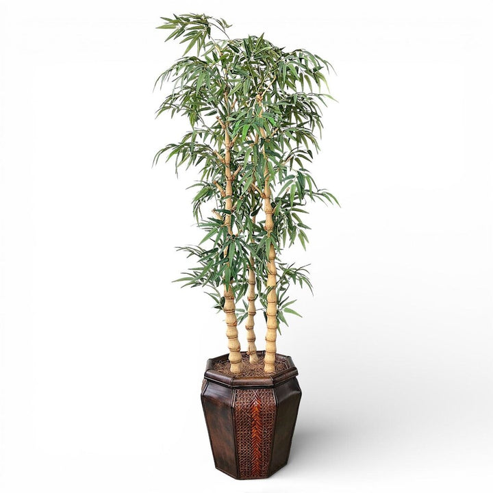 Faux Bamboo Tree in Ornate Carved Wood & Rattan Planter - Acosta's Home
