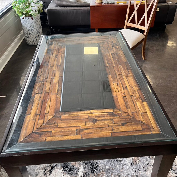 Dining Table w/ Wood Inlay & Glass Top - Acosta's Home