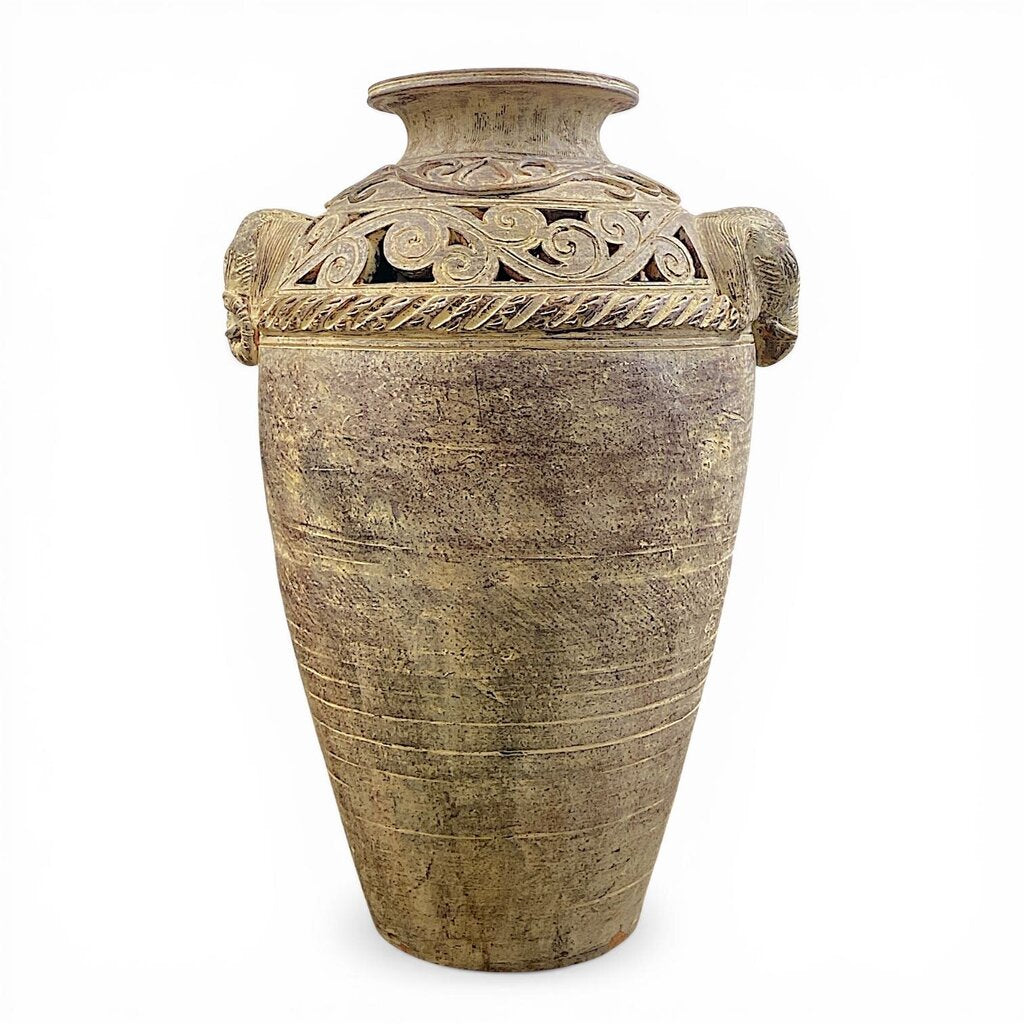 Vintage Thai Urn Floor Vase w/ Elephant Head Motifs - Acosta's Home