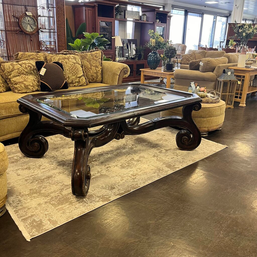 Large Wood Cocktail Table w/ Glass Insert