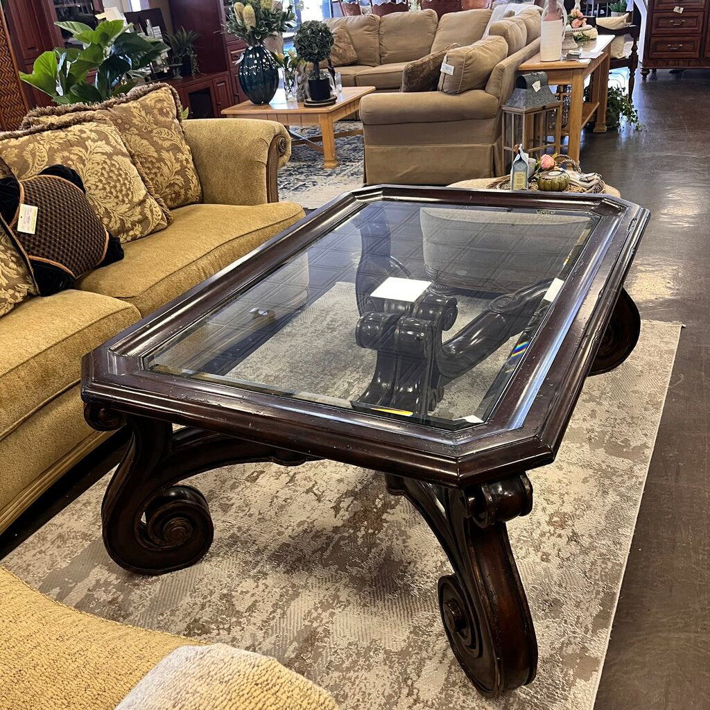 Large Wood Cocktail Table w/ Glass Insert