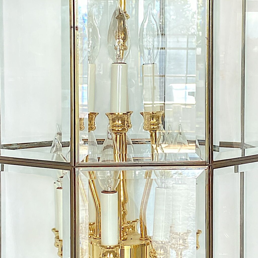 12 Arm Geometric Caged Glass & Brass Chandelier