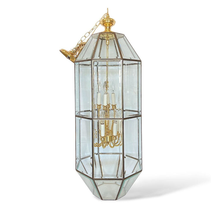 12 Arm Geometric Caged Glass & Brass Chandelier