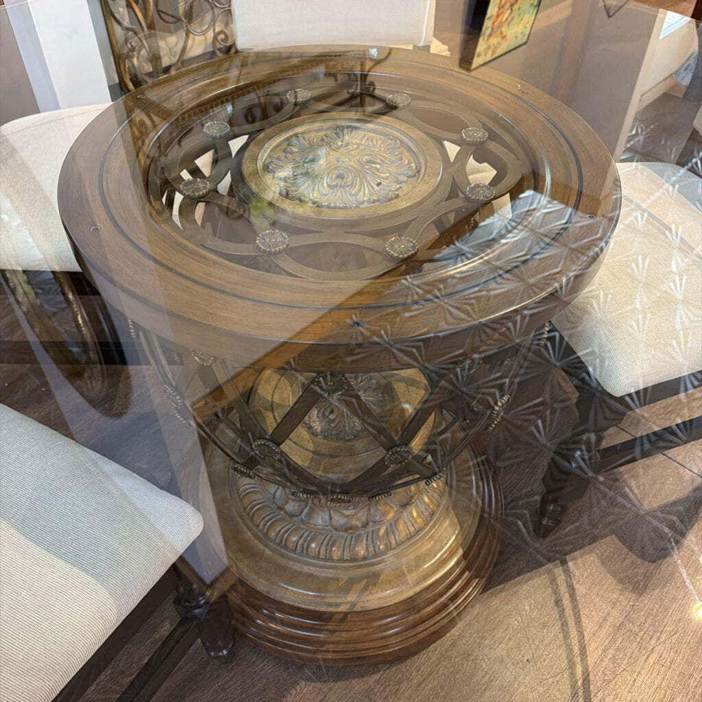 Ornate Medallion Glass-Top Pedestal Dining Table