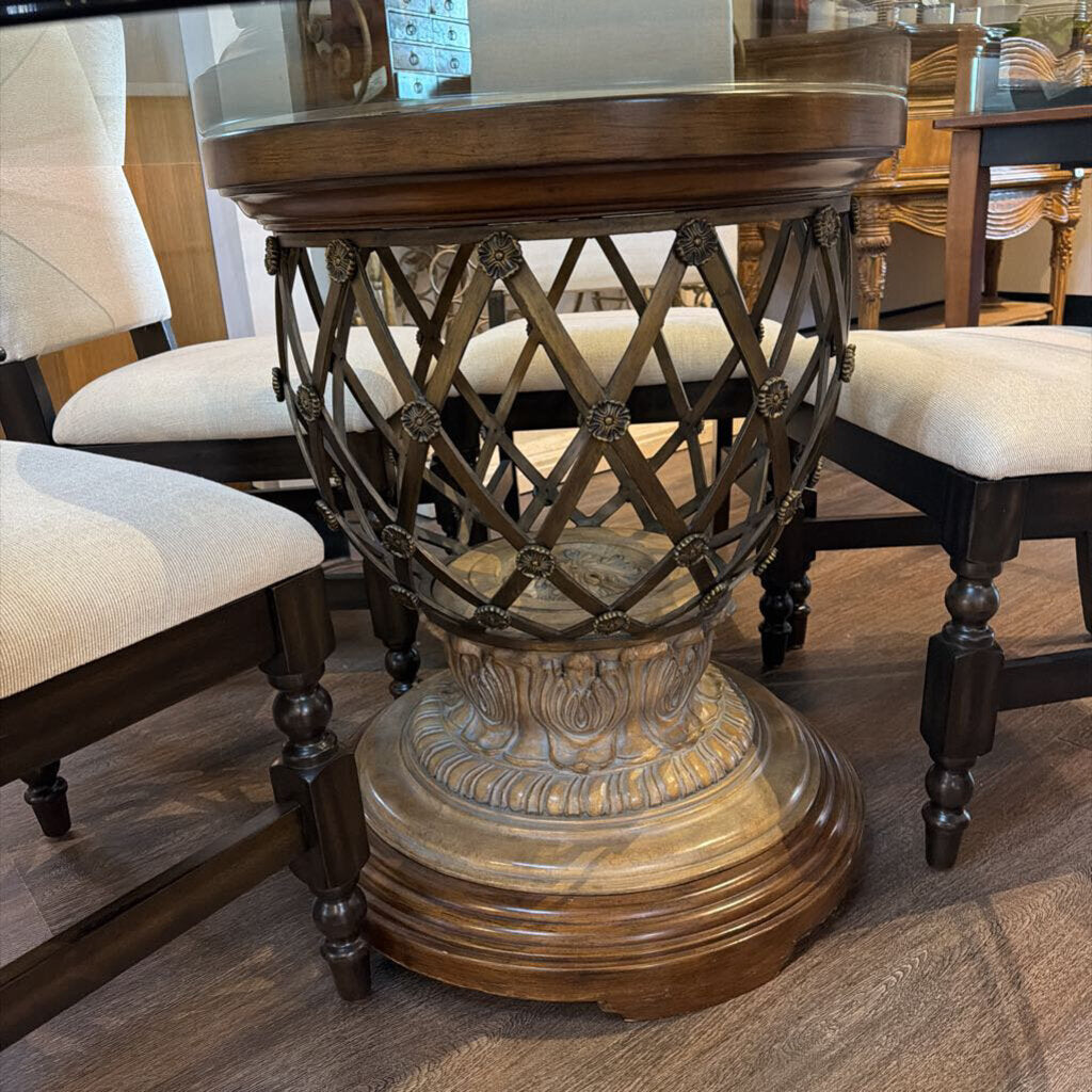Ornate Medallion Glass-Top Pedestal Dining Table