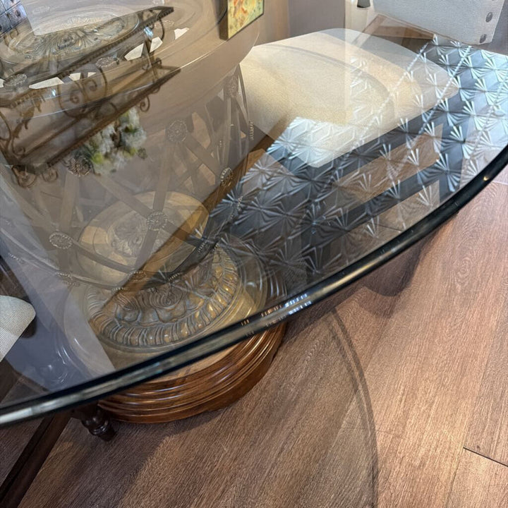 Ornate Medallion Glass-Top Pedestal Dining Table