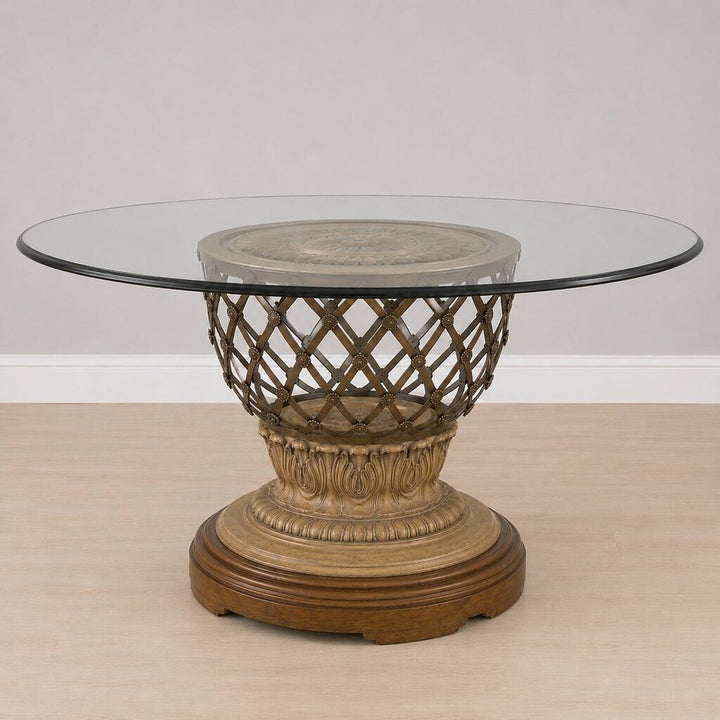 Ornate Medallion Glass-Top Pedestal Dining Table