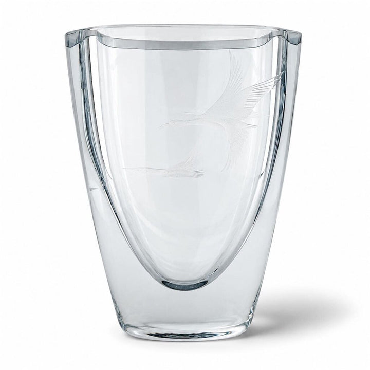 MCM Heavy Glass Ellipses Vase w/ Etched Birds