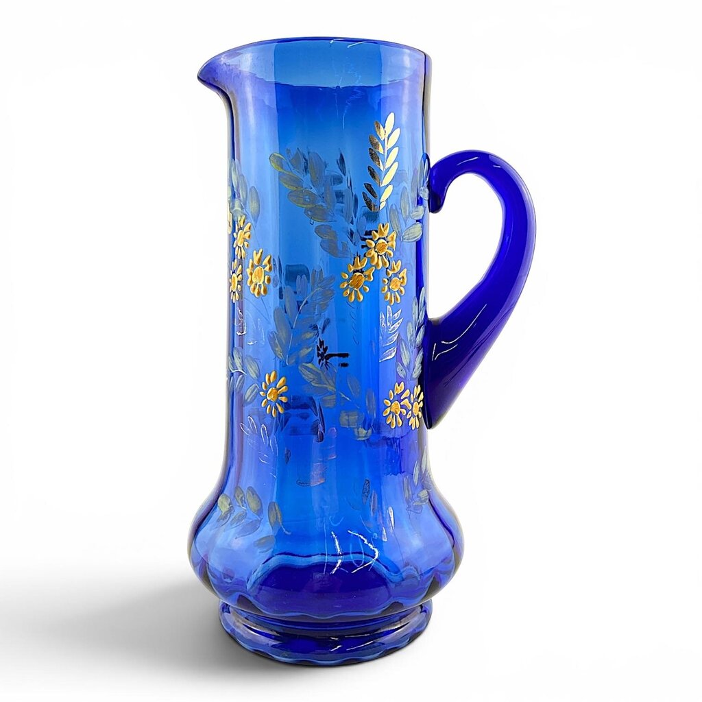 Antique Painted Colbalt Glass Pitcher