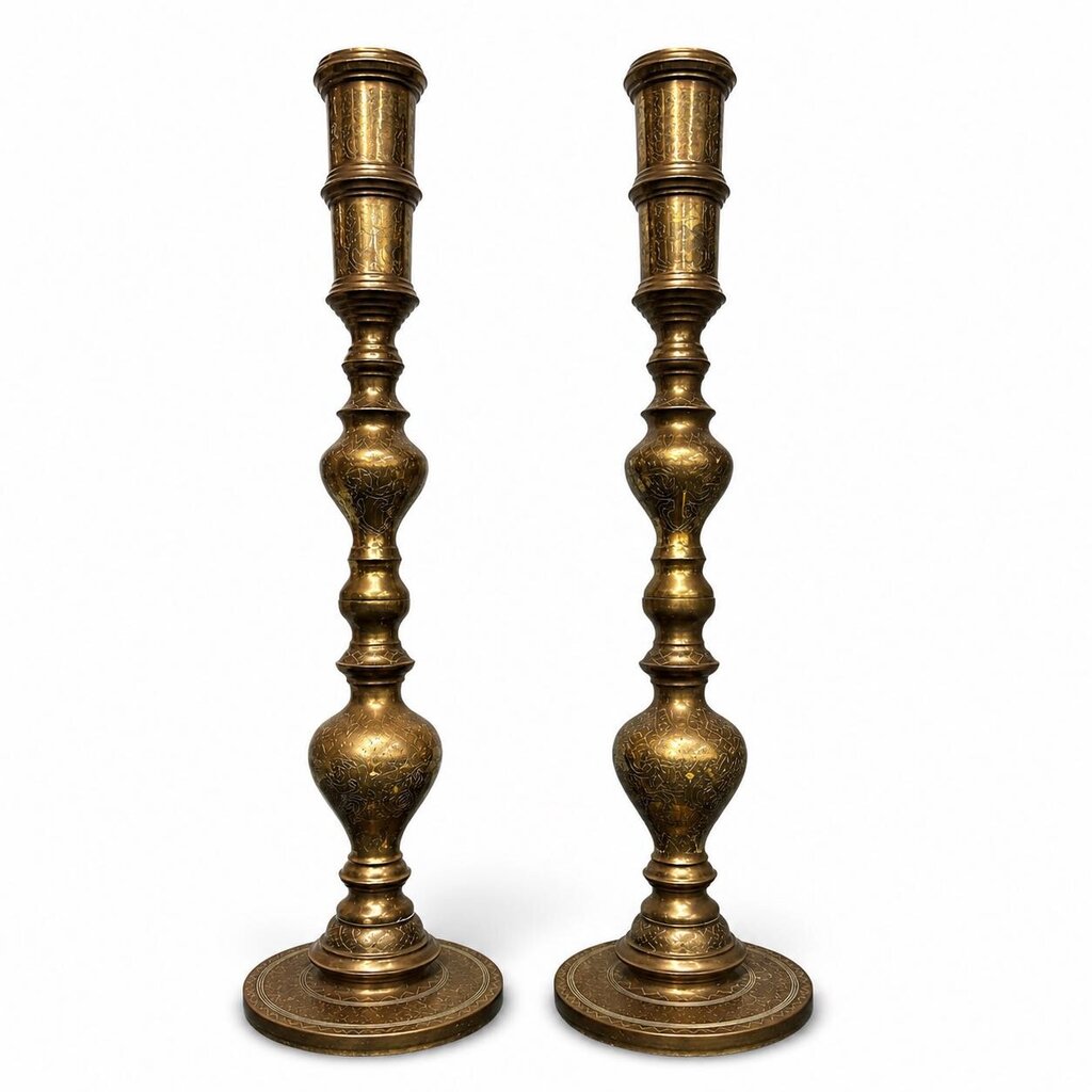 Pair of Brass Etched Floor Candlesticks