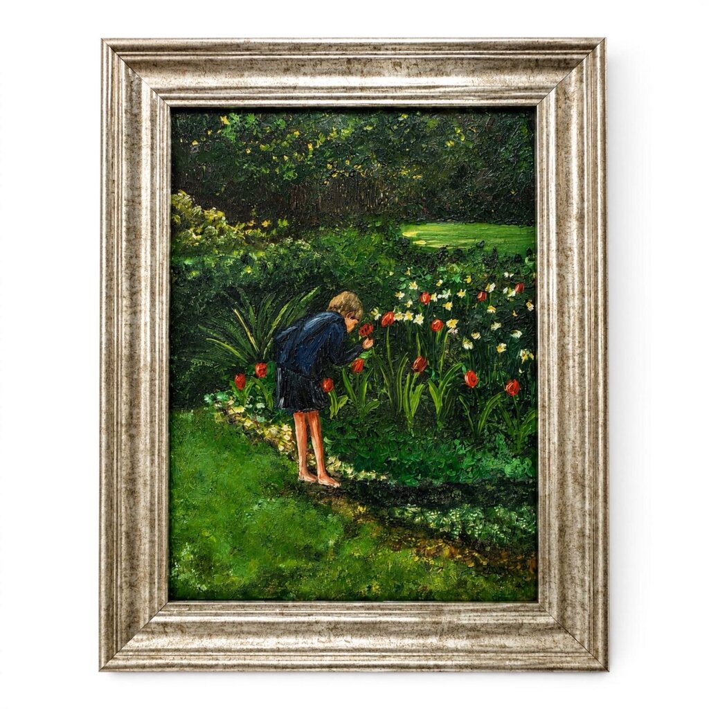 Boy Smelling the Tulips Oil Painting