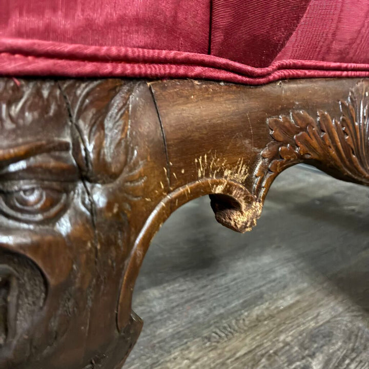 Upholstered Wingback Chair w/ Ornate Carved Wood Frame