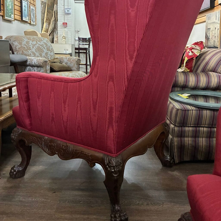 Upholstered Wingback Chair w/ Ornate Carved Wood Frame