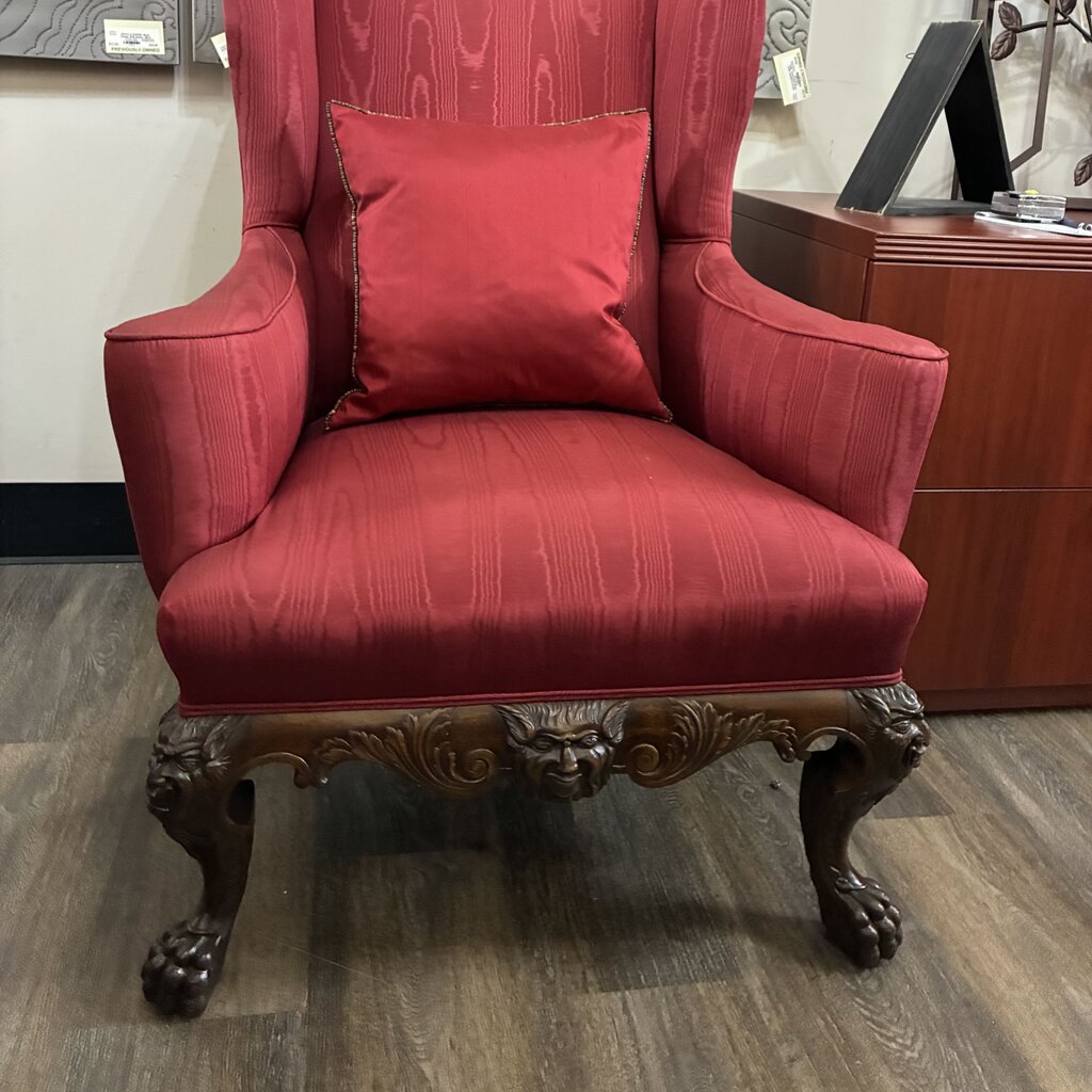 Upholstered Wingback Chair w/ Ornate Carved Wood Frame