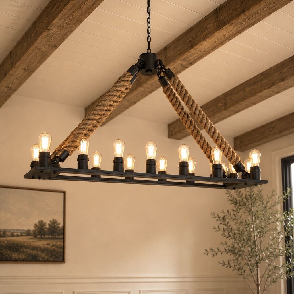 Orig. Price $1150 - Aged Steel Rope Filament Rectangular Chandelier