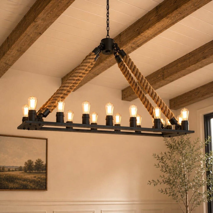 Orig. Price $1150 - Aged Steel Rope Filament Rectangular Chandelier