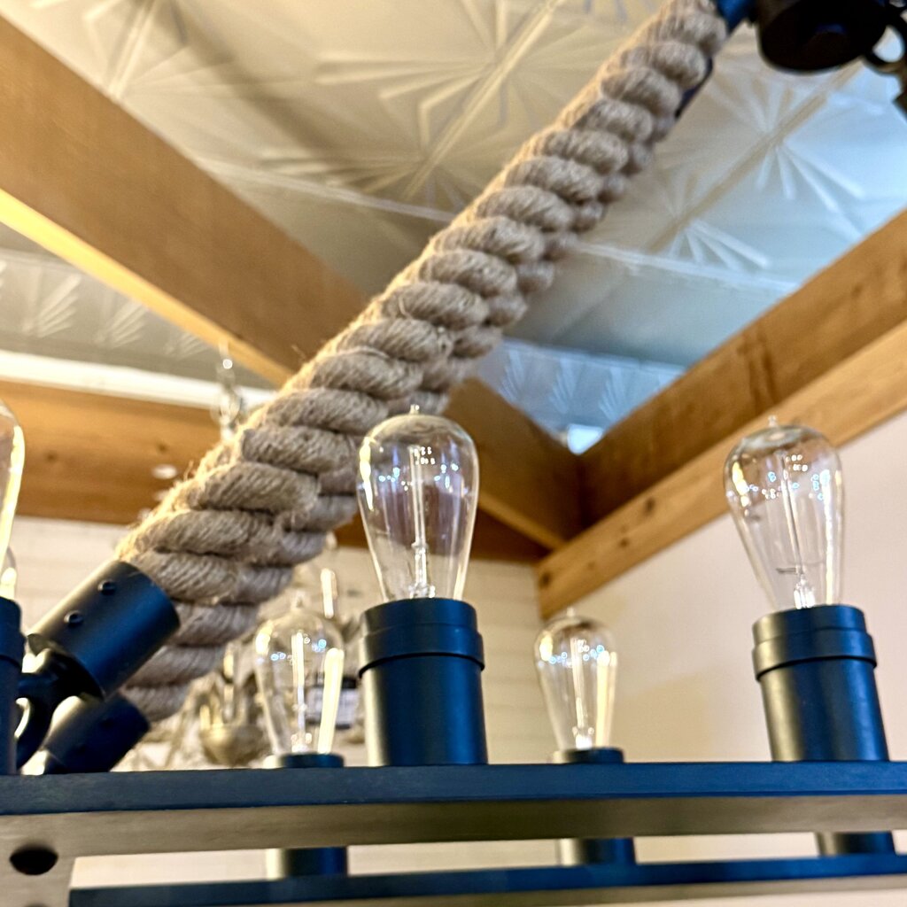 Orig. Price $1150 - Aged Steel Rope Filament Rectangular Chandelier