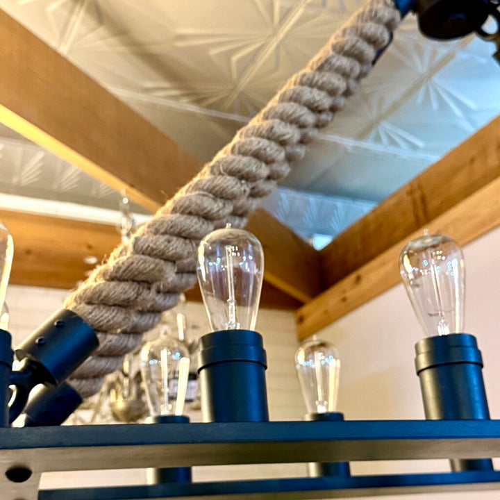 Orig. Price $1150 - Aged Steel Rope Filament Rectangular Chandelier