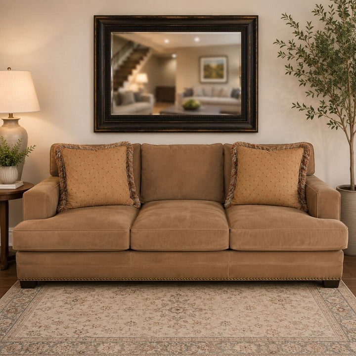 Suede Godfrey Sofa w/ 2 Accent Pillows