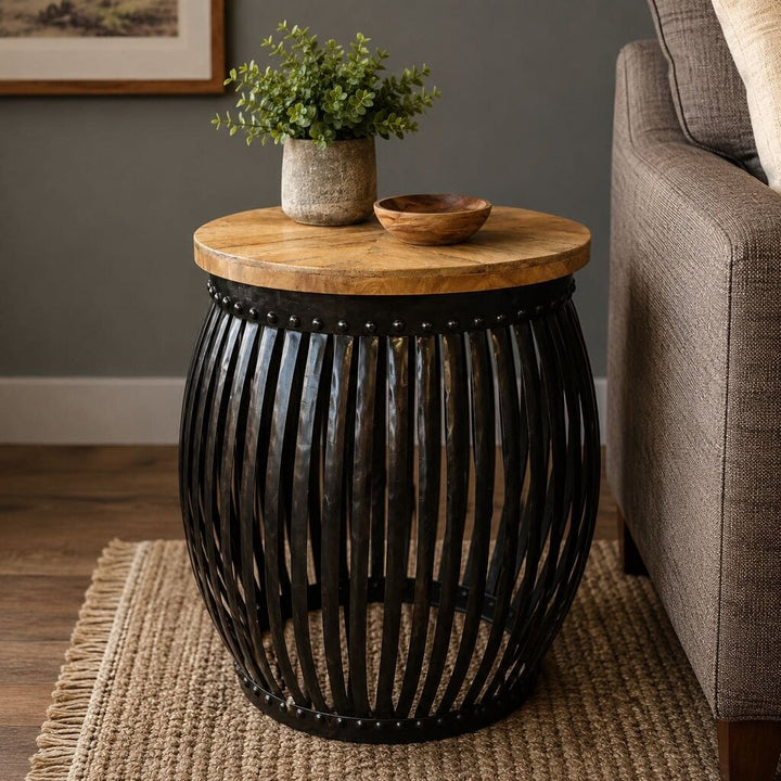 Parquet Wood & Metal Drum Side Table