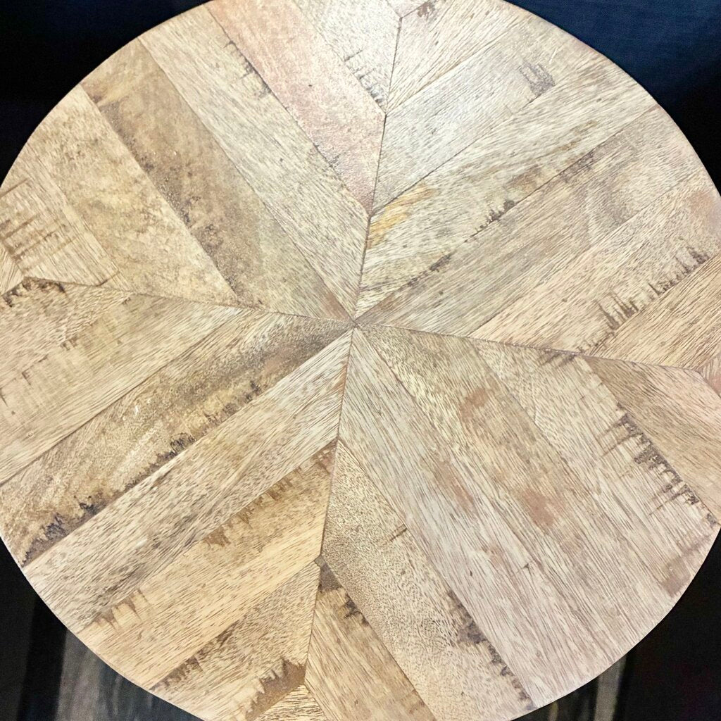 Parquet Wood & Metal Drum Side Table