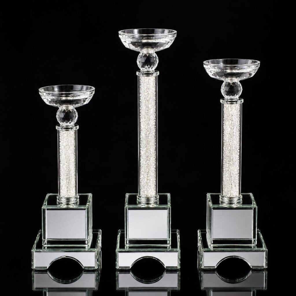 Trio Set of Mirror Crystal Candlesticks